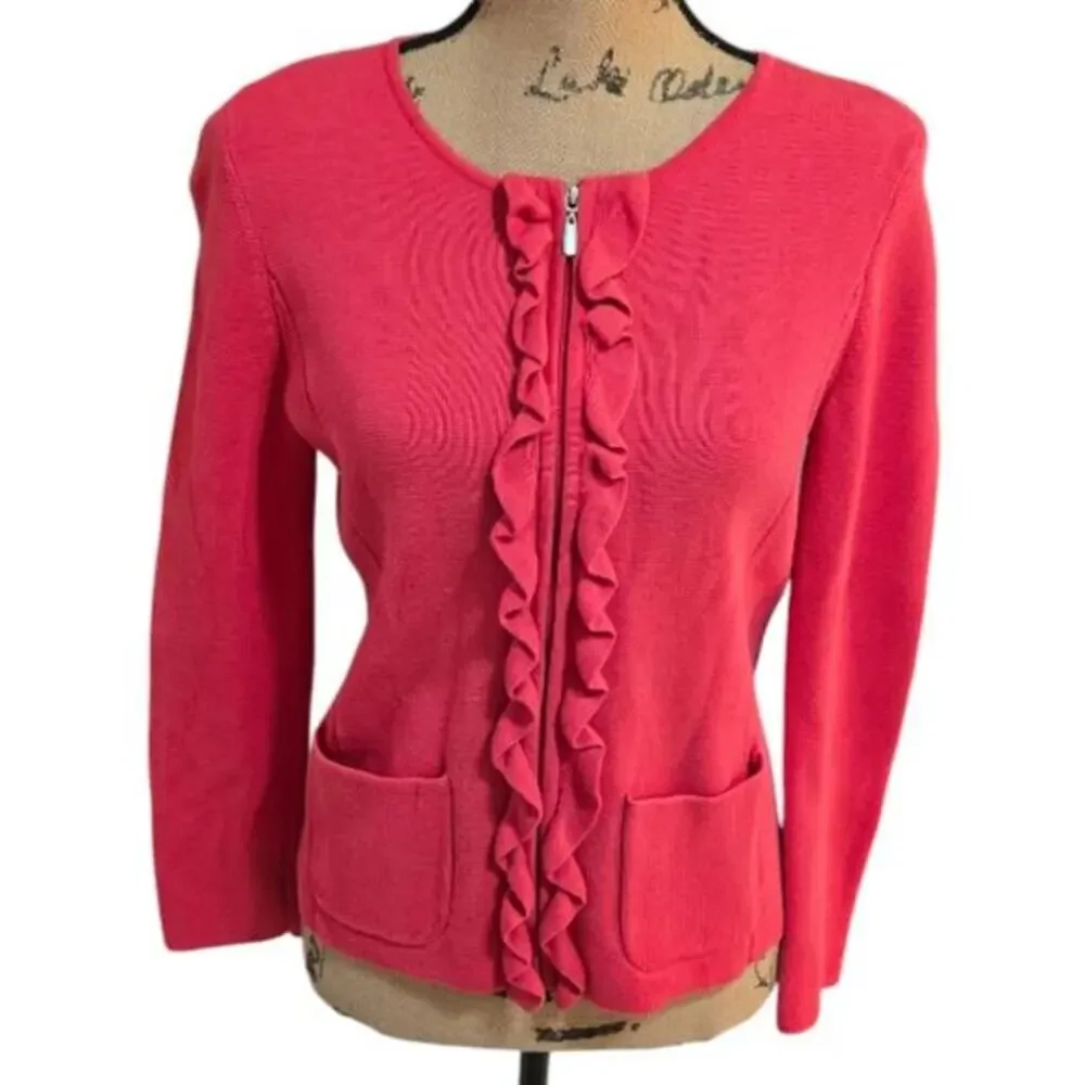 Talbots Ruffle Detail Pink Zippered Sweater Cardigan Blazer Size‎ XS